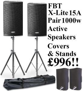 FBT X-Lite 15A Active 1000w Speakers Covers & ADJ SPSX2B Stands & Bag Package Xlite